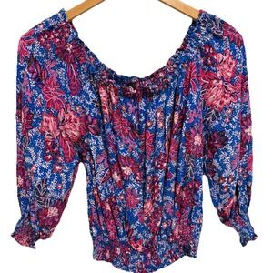 Rachel Roy Boho Floral Peasant top Smocked Waist 3/4 Sleeve Festival M